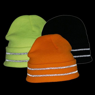 Reflective Beanie Knitted Hat w/ Reflective Stripe