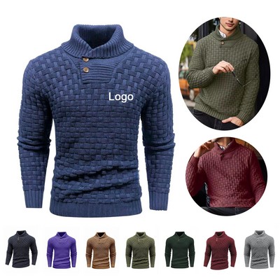 Men Turtleneck Shawl Collar Pullover Sweater Cable Knit Tops