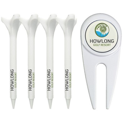 Divot Tool with removable magnetic ball marker and (4) 2-3/4" reusable plastic golf tees