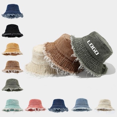 Summer Frayed Denim Bucket Hat with Distressed Edge