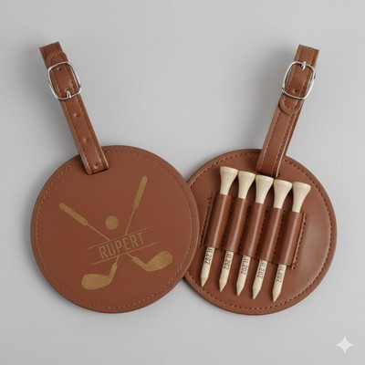 Premium PU Leather Golf Tee Holder & Luggage Tag 5-Slot Tee Organizer Bag with Protective Cover