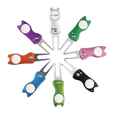Foldable Golf Divot Tool with Pop-up Button & Magnetic Ball Marker