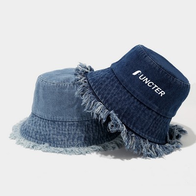 Summer Denim Distressed Bucket Hat Frayed Edge Sun Hat