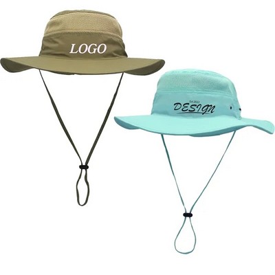 Mesh Panels Wide Brim Bucket Hat With Chin Strap