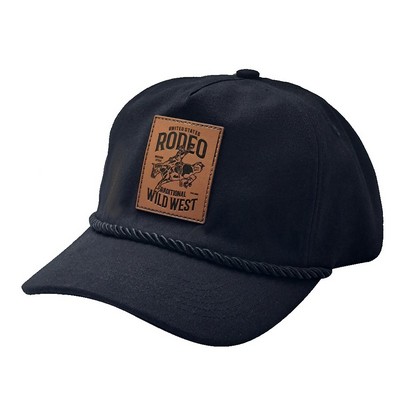 5-Panel Canvas Baseball Cap with Faux Leather Patch and Decorative Rope