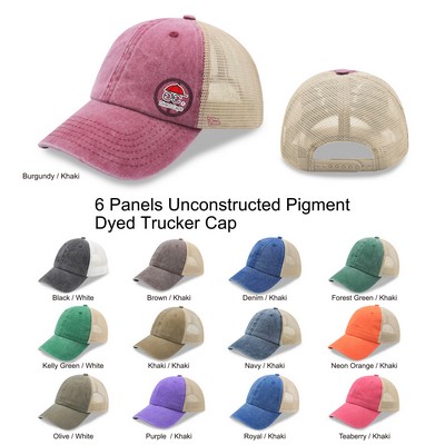 6 Panel Low Profile Trucker Cap Garment Washed Pigment Dyed Soft Mesh Snapback