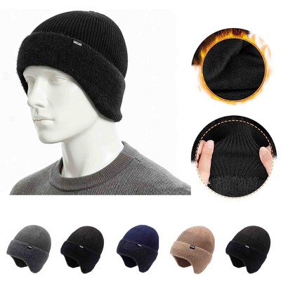 Winter Fleece Line Beanie Knit Hat with Ear Flaps Warm Thermal Stocking Cap for Outdoor Cold Weather