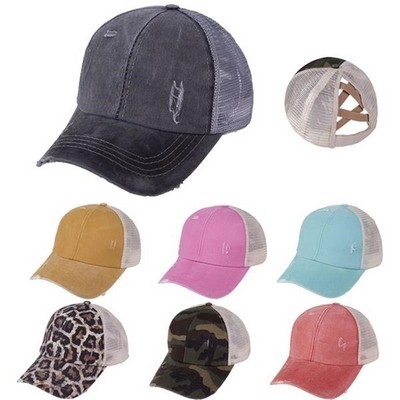 Washed Cotton Ponytail Baseball Mesh Cap