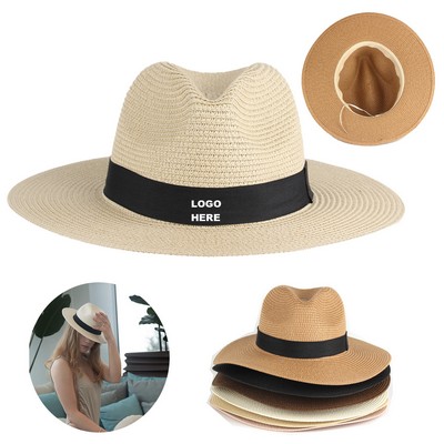 Custom UPF 50+ Summer Beach Sun Hat Women Straw Panama Cap Travel Fedora Hat