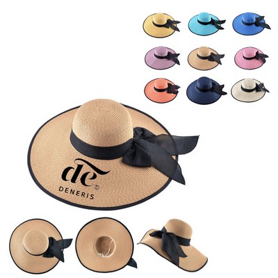 Wide Brim Straw Hat With Ribbon